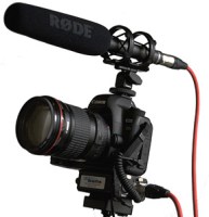 Rode shotgun mic connected via XLR cable to a Beachtek adapter going into DSLR.